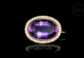 Broche de oro de 14 k con amatista y perlas, estilo Victoriano