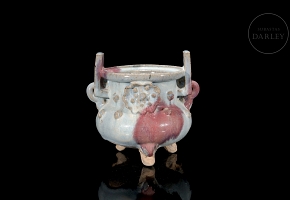 Glazed ceramic tripod incense burner ‘Flowers’, Jun kiln