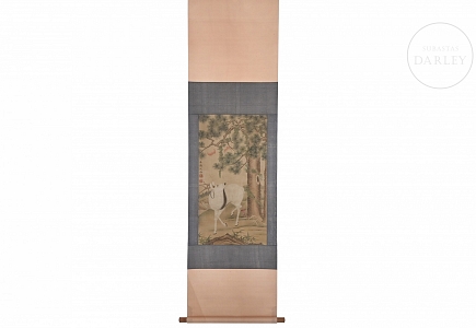 Pintura china “Ciervo bajo el pino”, con firma Shen Quan