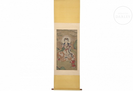 Pintura china “Guanyin sobre león celestial”, con firma Jin Liying