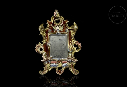 Espejo de mesa estilo barroco de bronce y porcelana, s.XIX