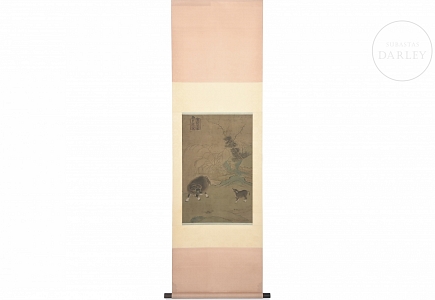 Pintura china “Buey y ternero en paisaje”, con sello Xuande