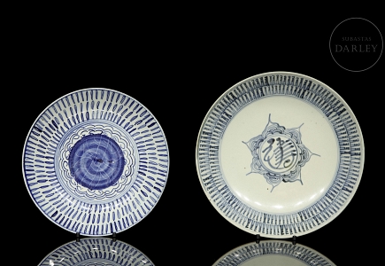 Dos platos de porcelana esmaltada en azul y blanco, dinastía Qing