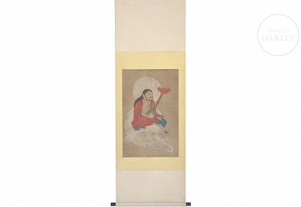 Pintura china “Deidad sobre elefante blanco”, con firma Jin Kun