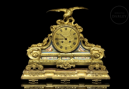 Reloj de sobremesa de bronce y porcelana, Francia, S.XIX