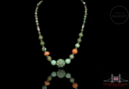 Collar tibetano de turquesa, plata y coral,