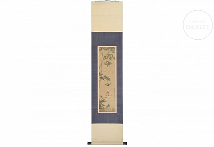 Pintura china “Bambú y mariposas”, con firma Yu Sheng