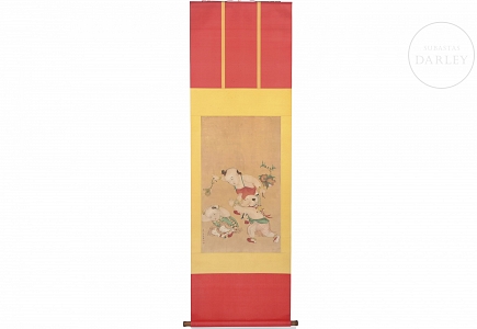 Pintura china “Niños con granada y sapo”, con firma Yao Wenhan