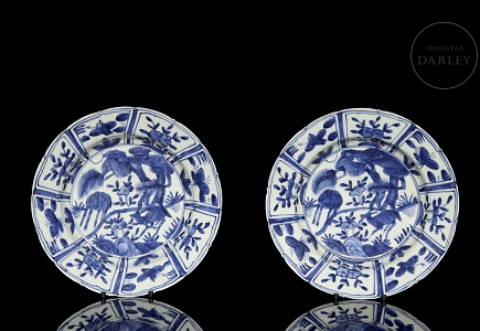 Pareja de platos de porcelana azul y blanca 