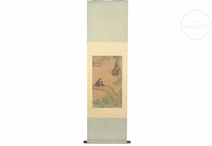 Pintura china “Monos entre ramas”, con sello Shen Zhenlin