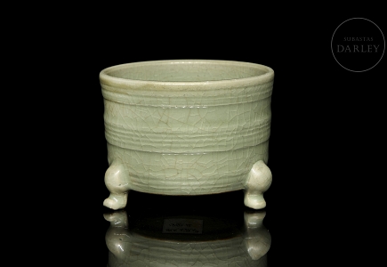 Recipiente trípode de cerámica con vidriado celadón, estilo Ge yao