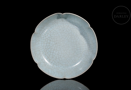 Plato de cerámica lobulada con esmalte celadón, horno Ru, dinastía Song