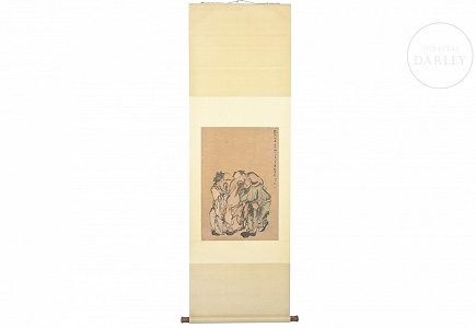 Pintura china “Tres inmortales”, con firma Huang Shen