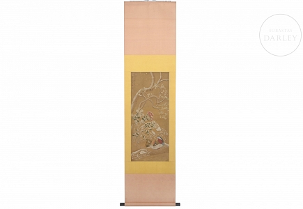 Pintura china “Patos mandarines bajo ciruelo en flor”, con firma Lu Zhi