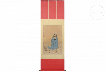 Pintura china “Bodhidharma sobre las olas”, con firma Yu Zhiding