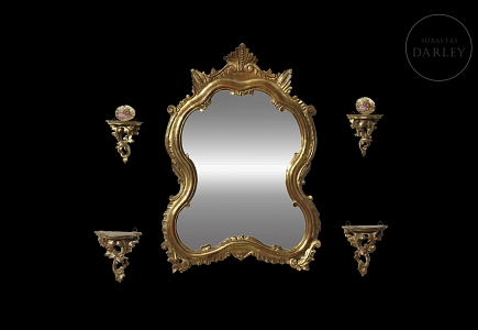 Conjunto de espejo y cornucopias de estilo rococó, s.XX