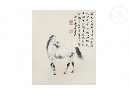 Pintura china “Caballo”, con firma Pu Zuo