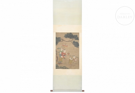 Pintura china “Niños jugando”, con firma Gu Jianlong