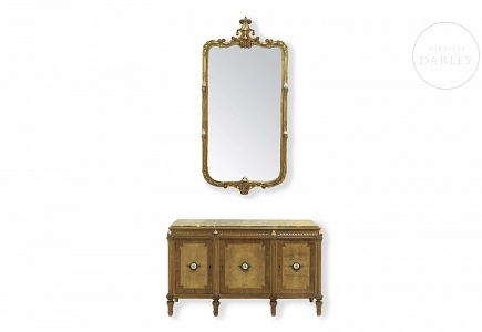 Conjunto de recibidor de madera y porcelana, s.XX