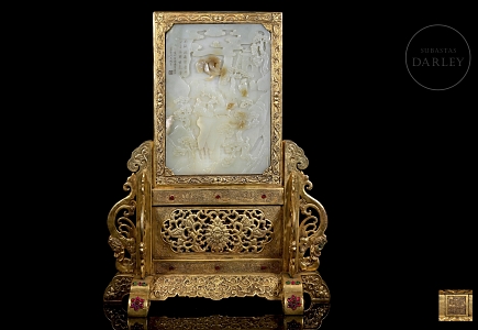 Panel de jade blanco y bronce dorado