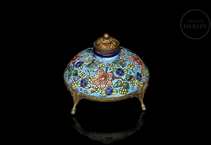 Longwy, tintero de bronce y cerámica esmaltada, s.XX