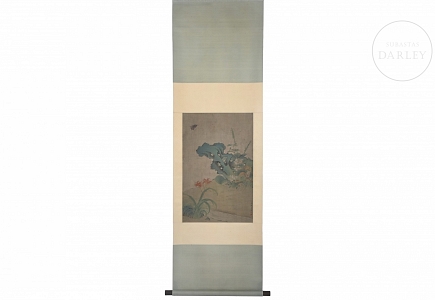 Pintura china “Roca y flores con mariposa”, con firma Yu Xi