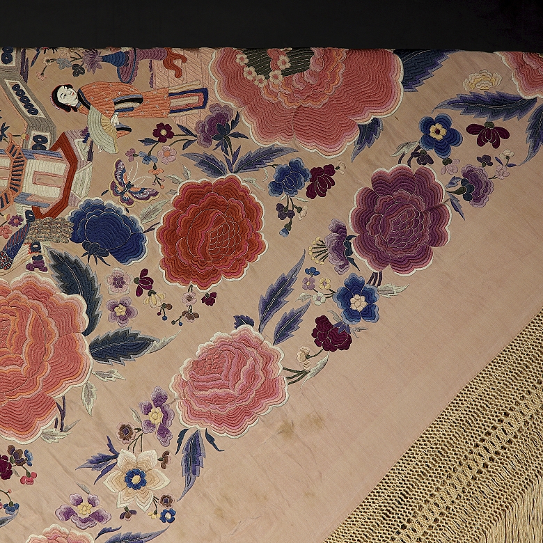 Mantón de Manila bordado con decoración Chinoiserie, s. XX