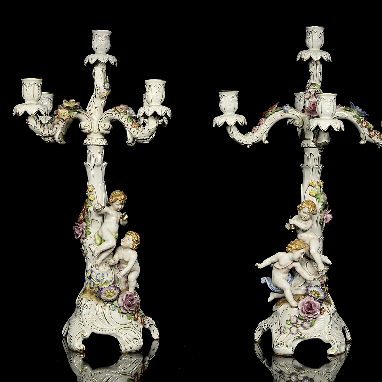 Pair of ‘Von Schierholz’ porcelain candlesticks, 19th century