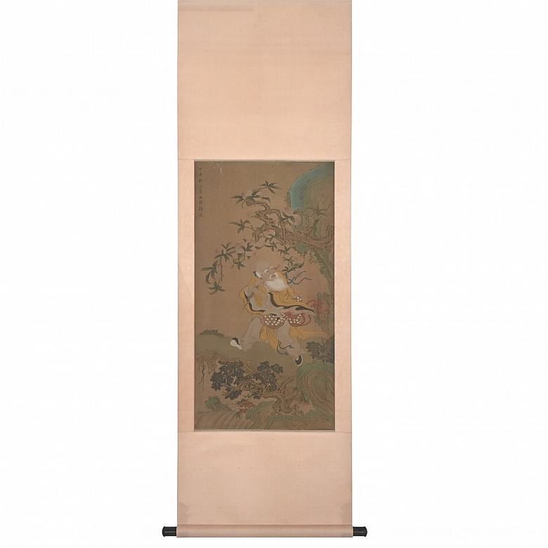 Pintura china “Sabio bajo el melocotonero”, con firma Gu Luo