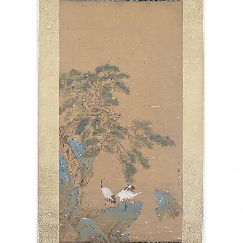 Chinese painting ‘Cranes under a pine tree’, signed Zhang Weibang