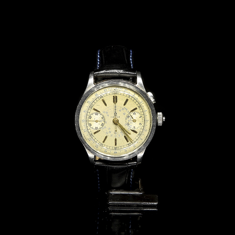 Extraordinary prototype Omega wrist chronograph, Calibre 33.3 CHRO T1-T2
