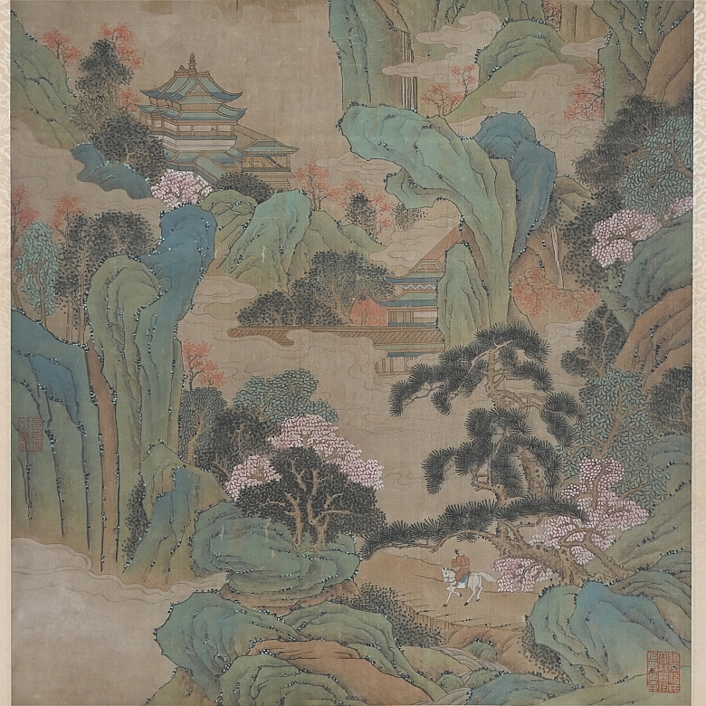 Pintura china “Pueblo entre montañas”, con firma Li Shida