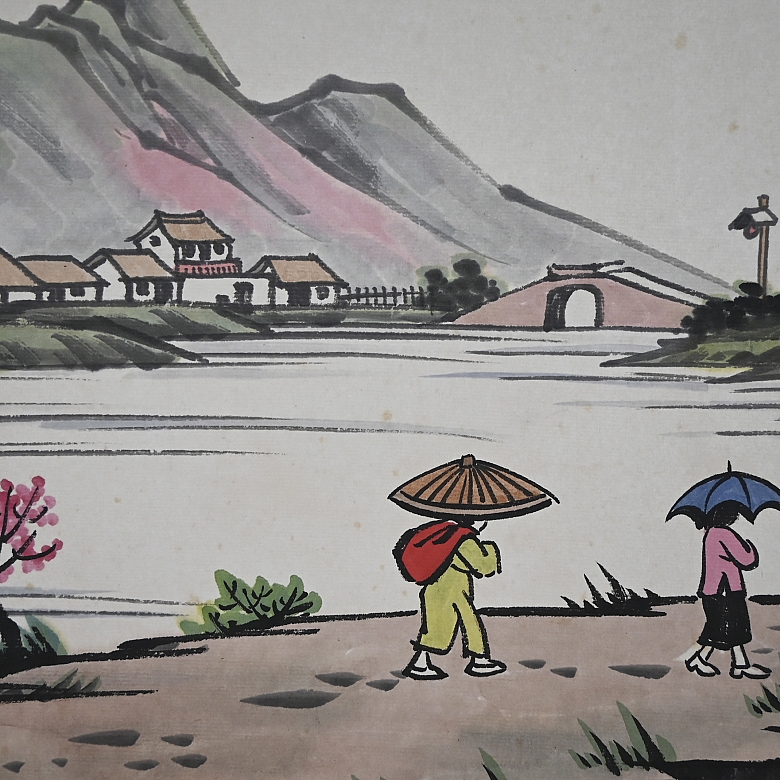 Chinese painting “Rainy landscape with umbrellas,” signed Feng Zikai