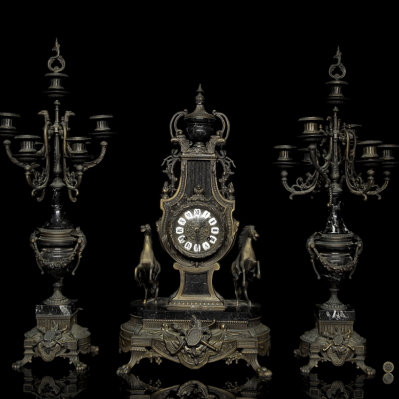 Bronze and marble clock with garnish, 20th century - 14