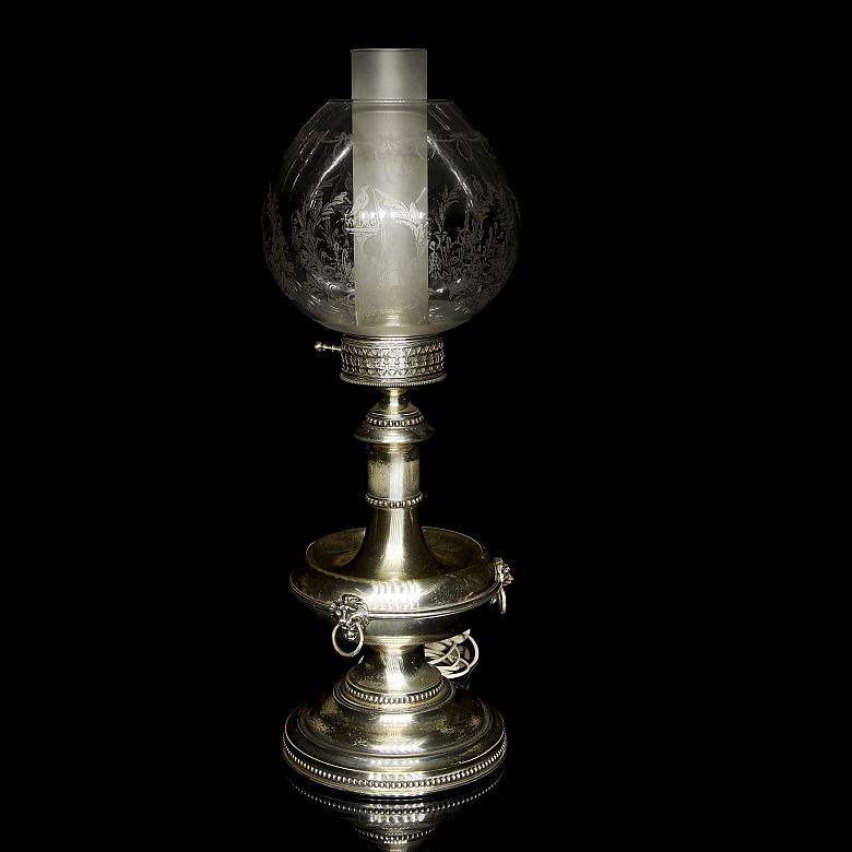 Glass and silver-plated metal oil lamp, 20th century