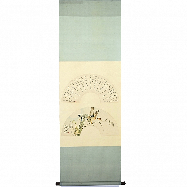 Chinese fan painting “Ducks Among Lotus Flowers,” signed Liu Kuiling