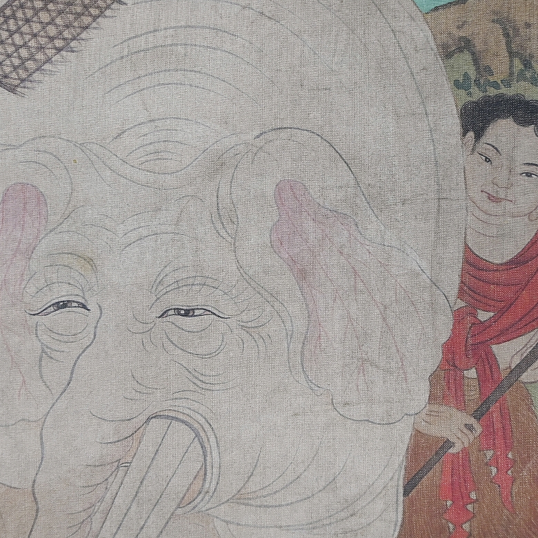 Pintura china “Monje con elefante blanco”, con firma Wu Bin - 5