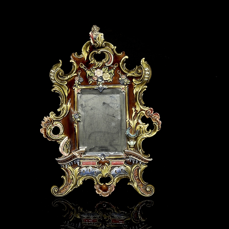 Baroque-style table mirror in bronze and porcelain, 19th century
