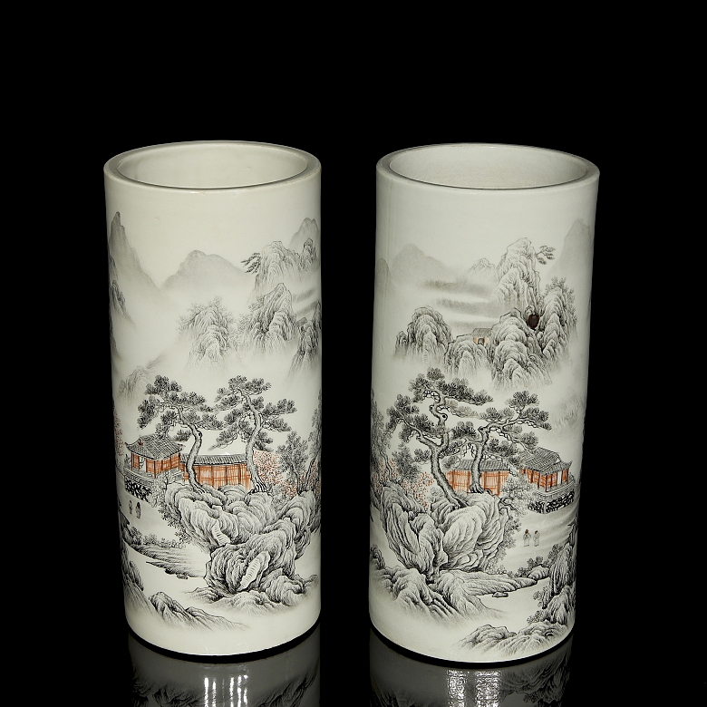 Pair of vases “Landscape with poem”, Qing dynasty - 5