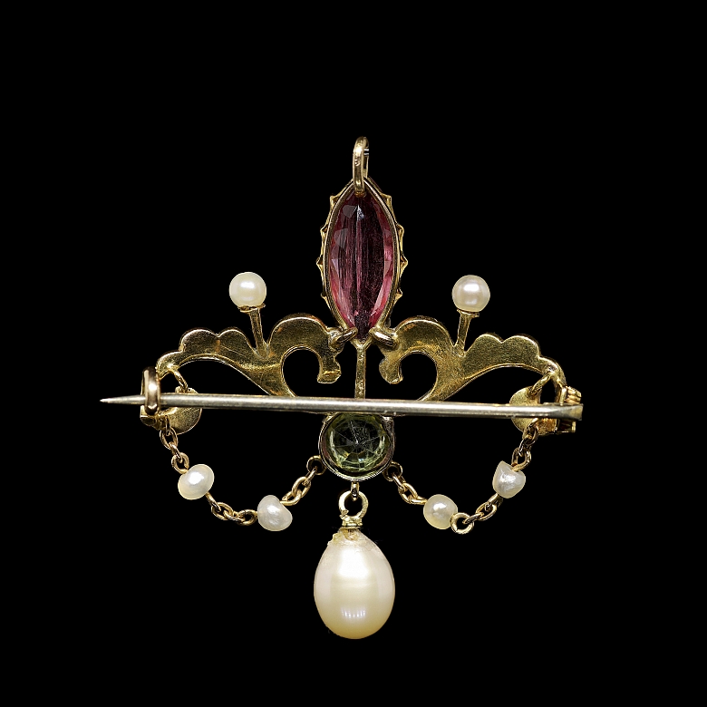Broche-colgante de oro amarillo con turmalina, peridoto y perlas