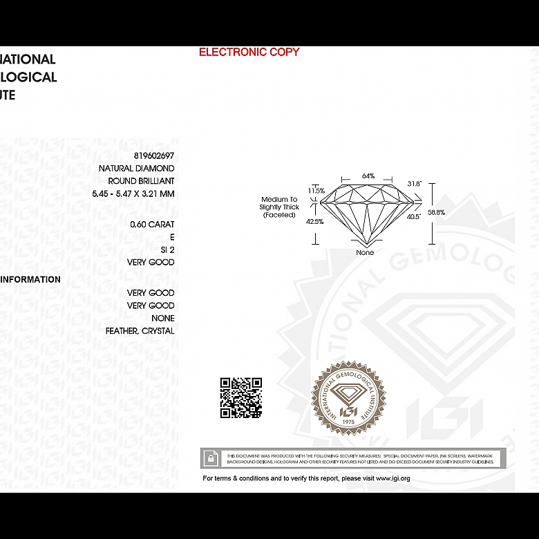 Diamante natural en talla brillante, 0.60 ct, certificado IGI - 5
