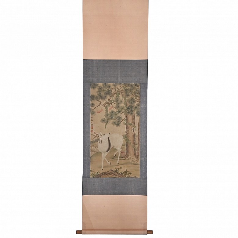 Pintura china “Ciervo bajo el pino”, con firma Shen Quan