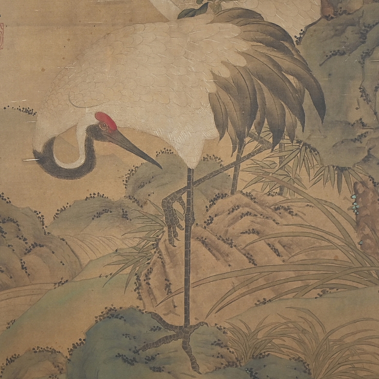 Chinese painting “Longevity, the crane, and the pine tree,” signed Tao Cheng