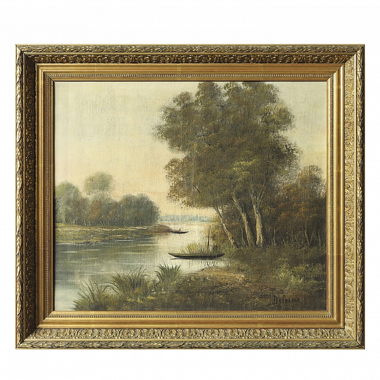 Delorme (19th-20th century) ‘Boats on the river’