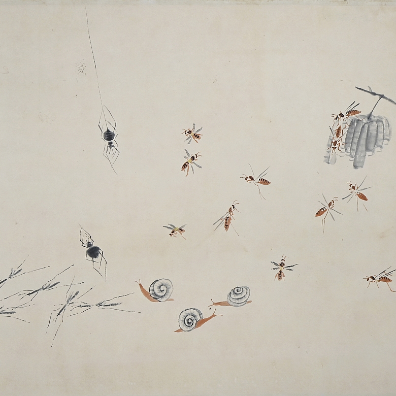 Pintura china “Insectos y caligrafía”, con firma Jiang Hanting - 6