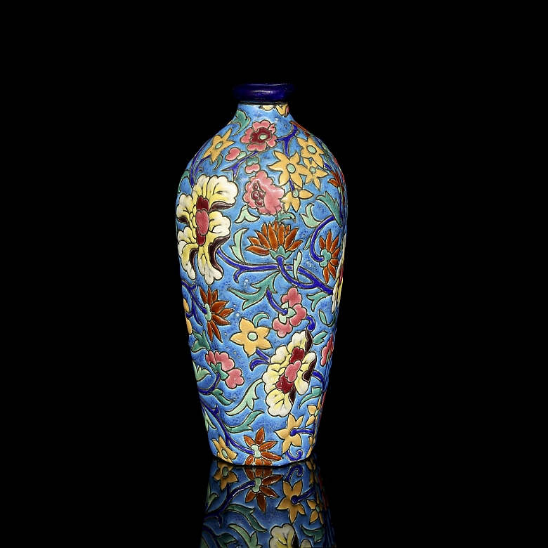 Longwy, hexagonal ceramic vase ‘Flowers’, early 20th century