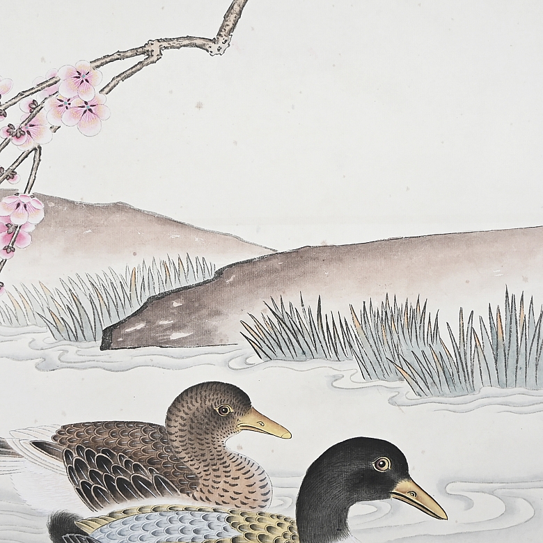 Chinese painting “Pair of ducks under a blossoming plum tree,” signed Yu Fei'an