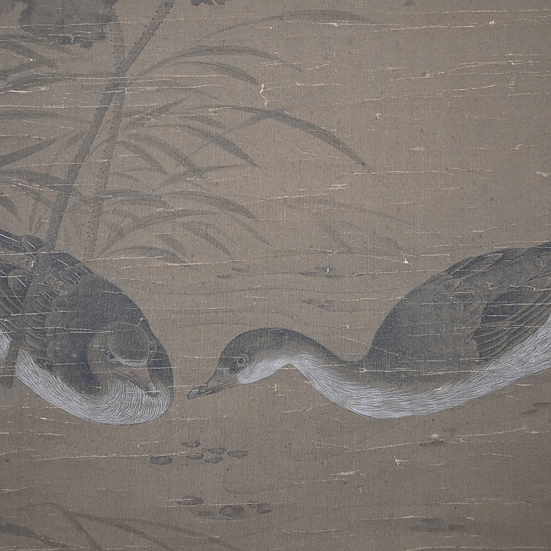 Chinese painting ‘Pair of Geese on a Pond’, signed Lin Liang