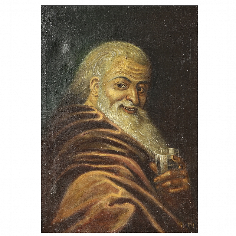 19世纪西班牙画派《捧杯老人》