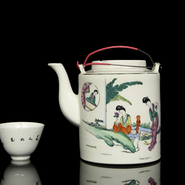 Juego de té de porcelana esmaltada con cesto de mimbre, s.XX - 2